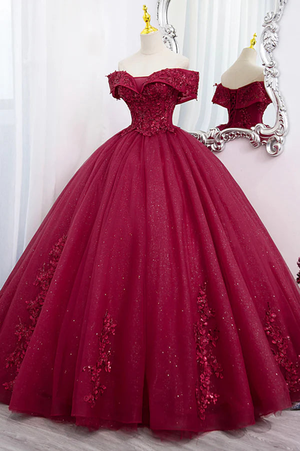 Wholesale Burgundy Sweet 16 Formal Gown with Lace Off the Shoulder Prom Dress Party Dress