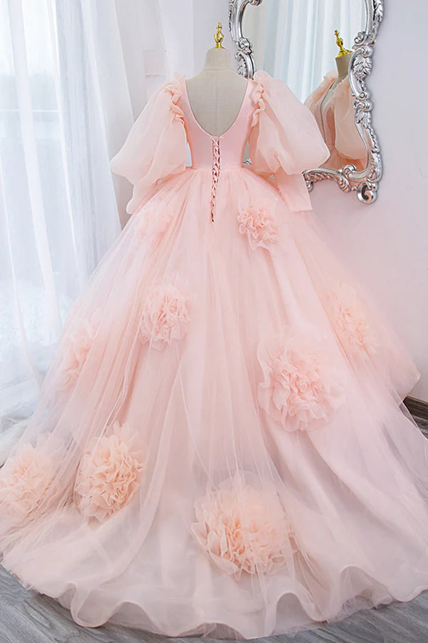 Wholesale Pink V-Neck Tulle Long Prom Dress A-Line Puff Sleeve Princess Dress