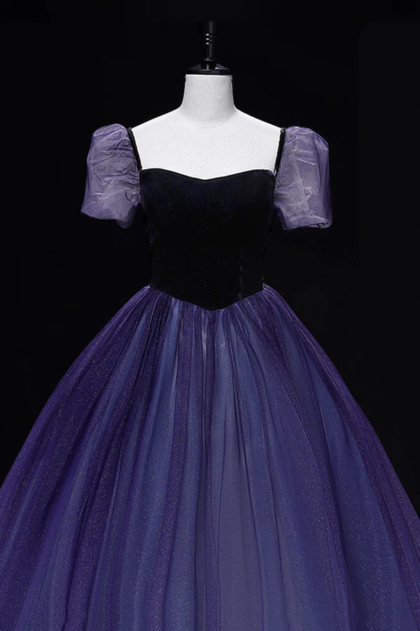 Wholesale Purple Tulle Long A-Line Prom Dress Purple Short Sleeve Princess Dress