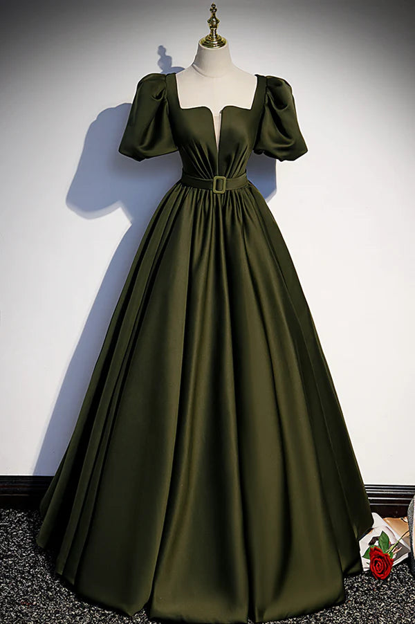 Wholesale A-Line Satin Long Prom Dress Dark Green Short Sleeve Evening Graduation Dress