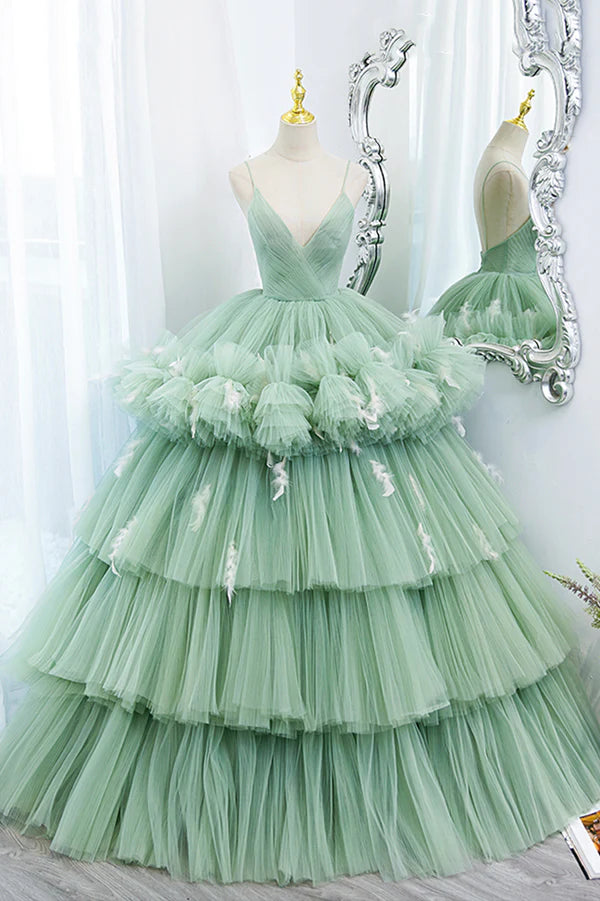 Wholesale Green Tulle Long A-Line Prom Dress Green V-Neck Formal Evening Gown