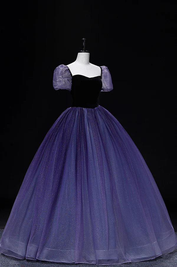 Wholesale Purple Tulle Long A-Line Prom Dress Purple Short Sleeve Princess Dress
