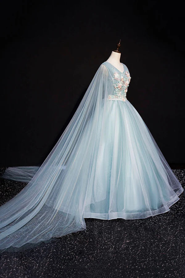 Wholesale Blue V-Neck Lace Long Prom Dress Blue A-Line Formal Evening Dress