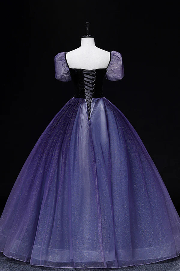 Wholesale Purple Tulle Long A-Line Prom Dress Purple Short Sleeve Princess Dress