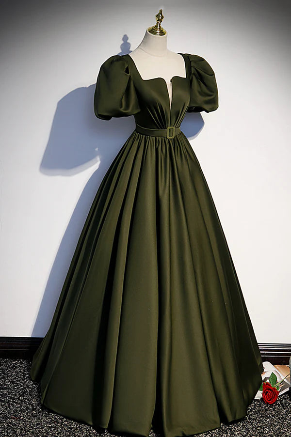 Wholesale A-Line Satin Long Prom Dress Dark Green Short Sleeve Evening Graduation Dress