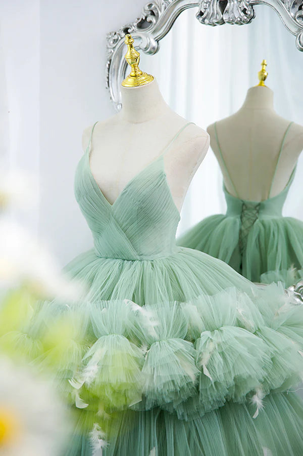 Wholesale Green Tulle Long A-Line Prom Dress Green V-Neck Formal Evening Gown