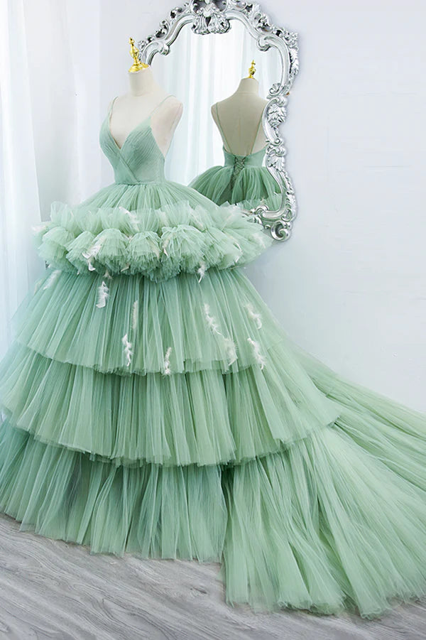 Wholesale Green Tulle Long A-Line Prom Dress Green V-Neck Formal Evening Gown
