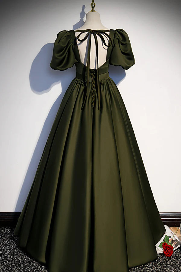 Wholesale A-Line Satin Long Prom Dress Dark Green Short Sleeve Evening Graduation Dress