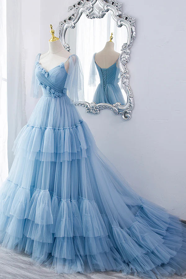 Wholesale Blue V-Neck Tulle Long Prom Dress A-Line Evening Party Dress