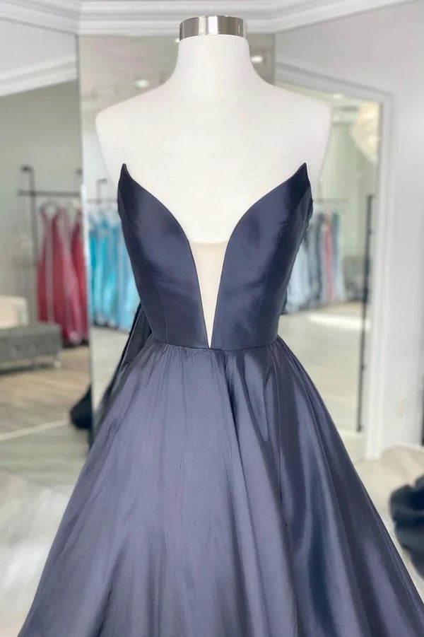 Wholesale Black Strapless Satin Long Prom Dress Black A-Line Evening Dress