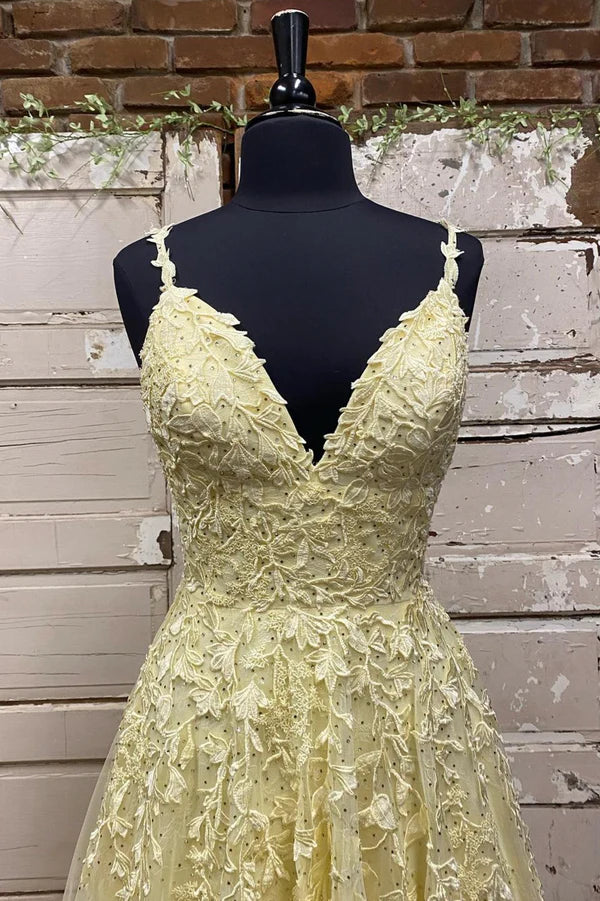 Wholesale Yellow V-Neck Lace Long Prom Dress A-Line Spaghetti Straps Evening Dress