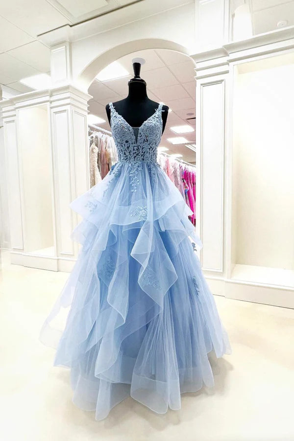 Wholesale Blue V-Neck Lace Long Prom Dress Blue Tulle Layers Formal Evening Dress