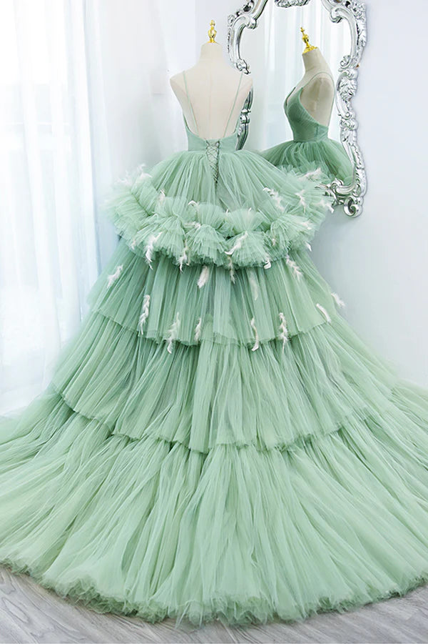Wholesale Green Tulle Long A-Line Prom Dress Green V-Neck Formal Evening Gown