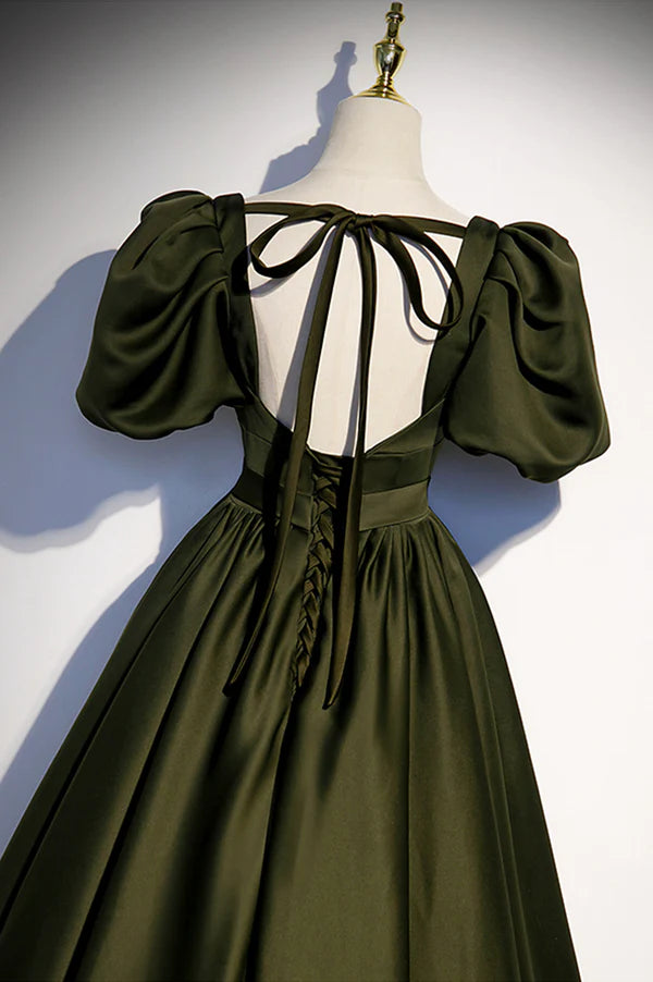 Wholesale A-Line Satin Long Prom Dress Dark Green Short Sleeve Evening Graduation Dress