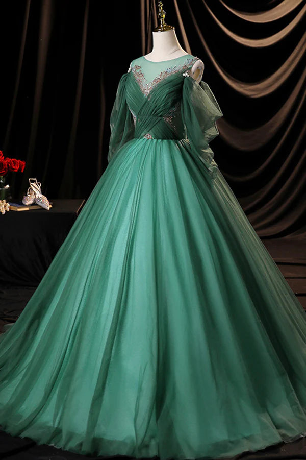 Wholesale Green Scoop Neckline Tulle Formal Evening Dress A-Line Long Sleeve Prom Dress