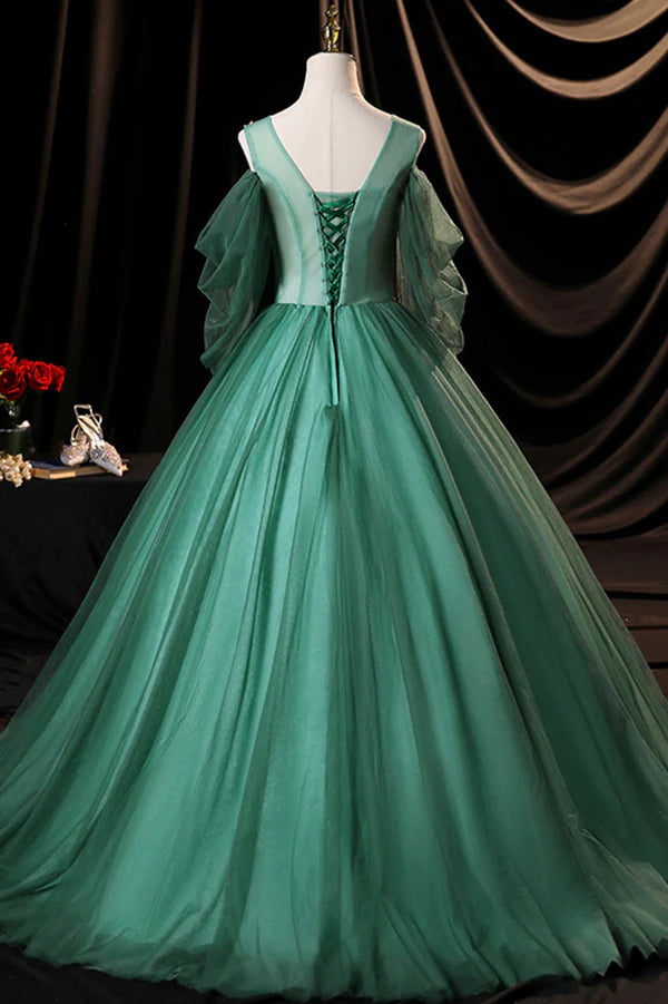 Wholesale Green Scoop Neckline Tulle Formal Evening Dress A-Line Long Sleeve Prom Dress