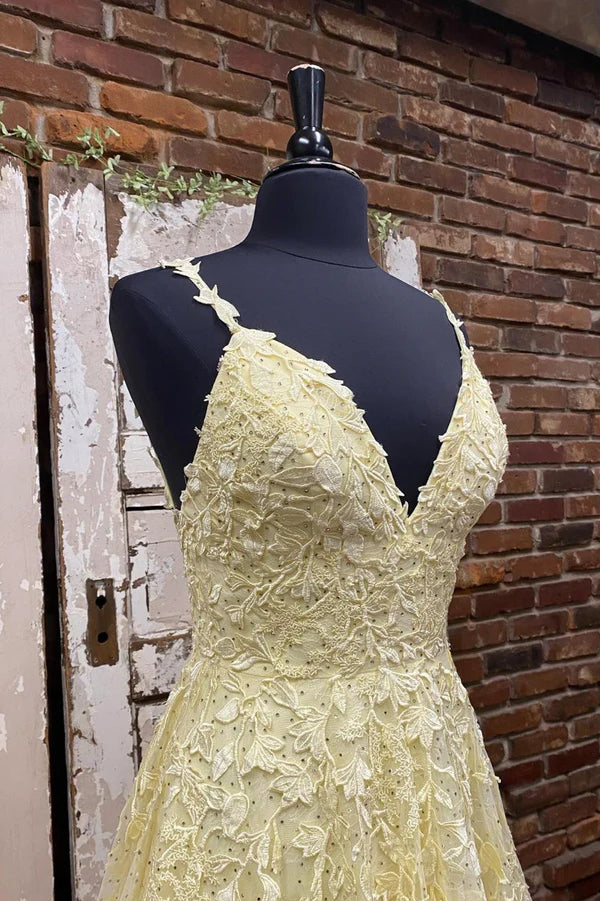 Wholesale Yellow V-Neck Lace Long Prom Dress A-Line Spaghetti Straps Evening Dress