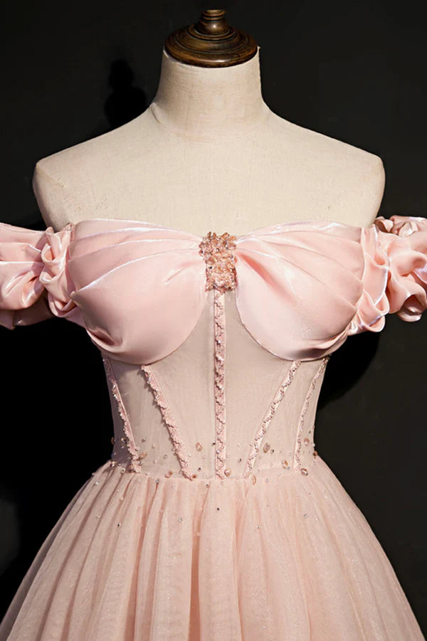 Wholesale Pink Tulle Beaded Long A-Line Prom Dress Pink Off the Shoulder Evening Dress