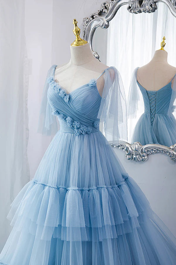 Wholesale Blue V-Neck Tulle Long Prom Dress A-Line Evening Party Dress