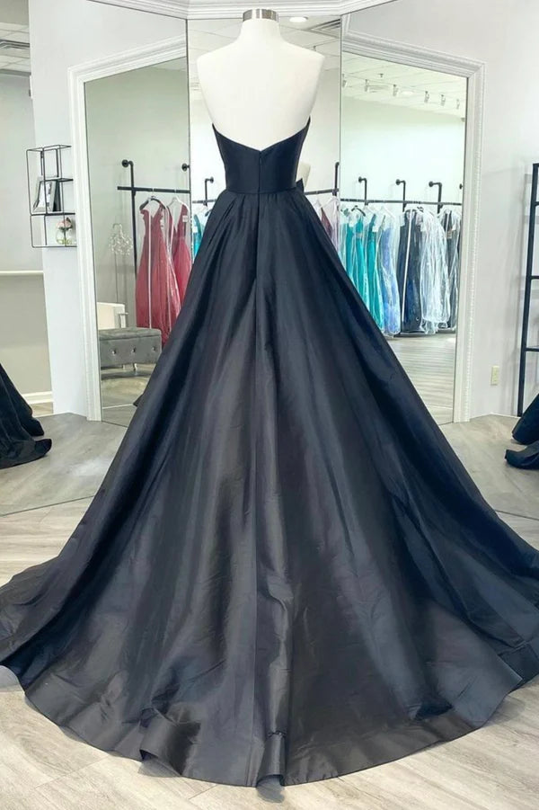 Wholesale Black Strapless Satin Long Prom Dress Black A-Line Evening Dress
