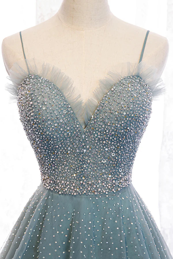 Wholesale A-Line Spaghetti Straps Tulle Beaded Long Prom Dress Cute Evening Party Dress