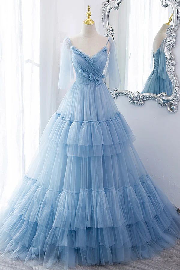 Wholesale Blue V-Neck Tulle Long Prom Dress A-Line Evening Party Dress