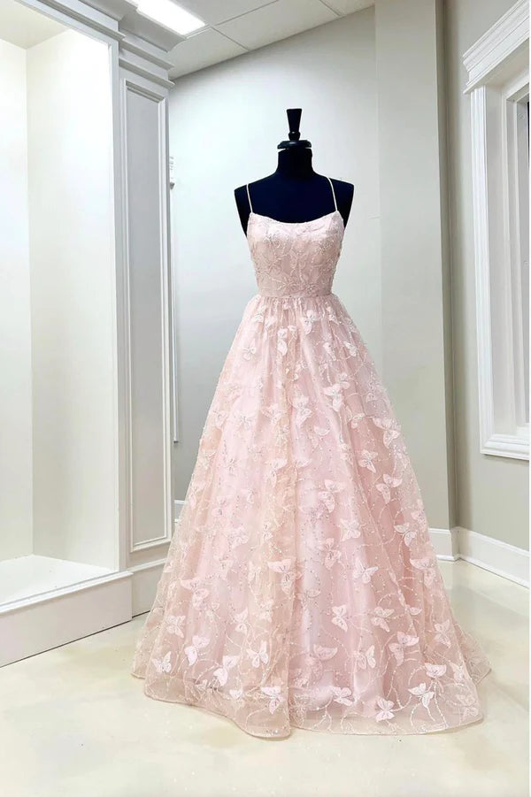 Wholesale Pink Tulle Long A-Line Prom Dress with Butterfly Lace