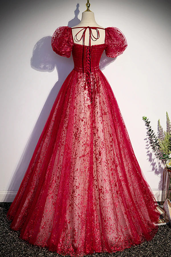 Wholesale Burgundy Tulle Long Prom Dress with Sequins A-Line Short Sleeve Evening Dress