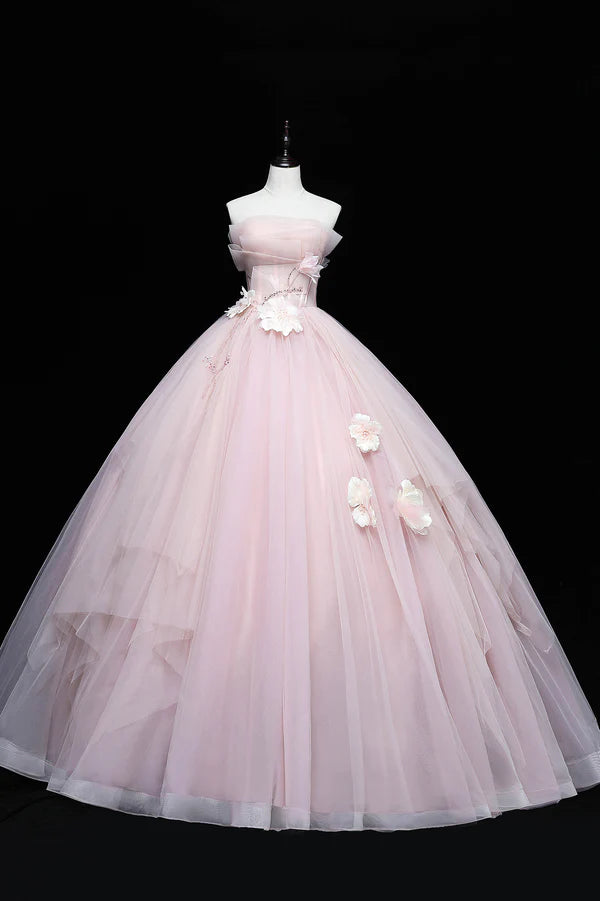 Wholesale Pink Tulle Long A-Line Ball Gown Pink Strapless Princess Sweet 16 Dress