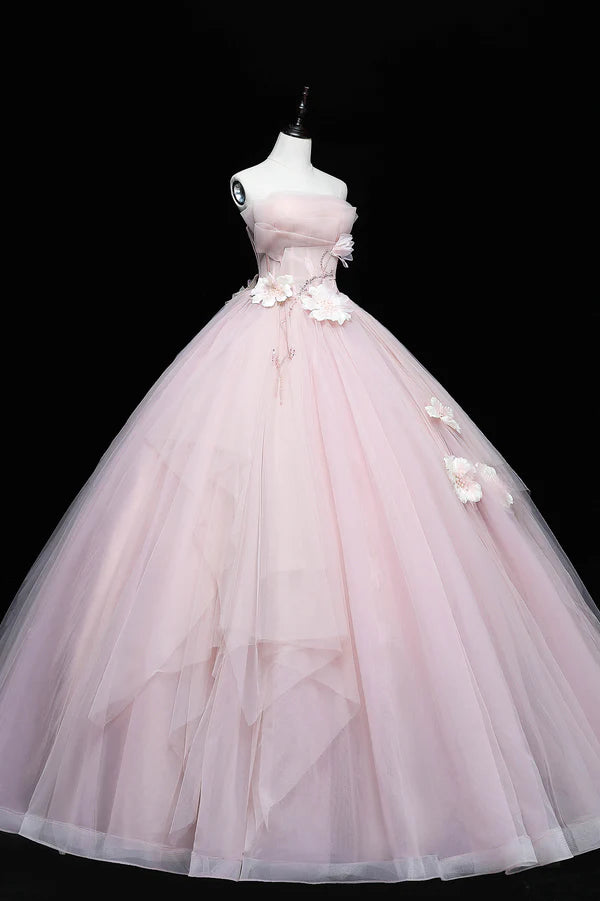 Wholesale Pink Tulle Long A-Line Ball Gown Pink Strapless Princess Sweet 16 Dress