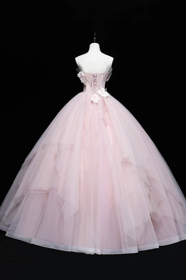 Wholesale Pink Tulle Long A-Line Ball Gown Pink Strapless Princess Sweet 16 Dress