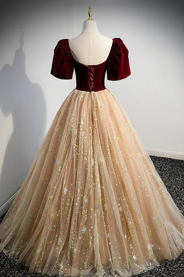 Wholesale A-Line Velvet Tulle Long Prom Dress Lovely Short Sleeve Graduation Dress