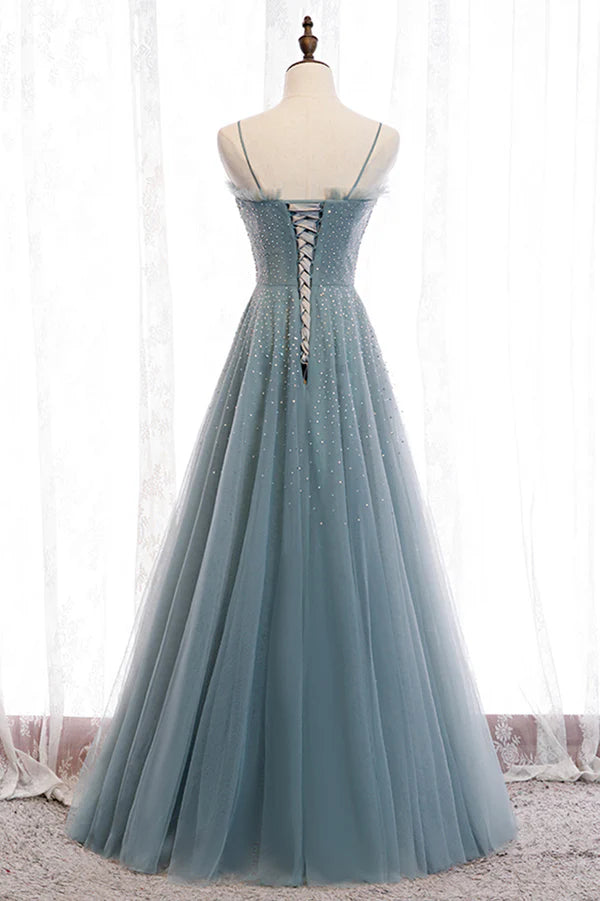 Wholesale A-Line Spaghetti Straps Tulle Beaded Long Prom Dress Cute Evening Party Dress