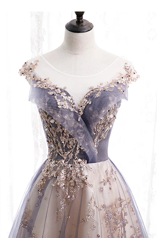 Wholesale A-Line Tulle Long Prom Dress with Sequins Cute Scoop Neckline Evening Dress