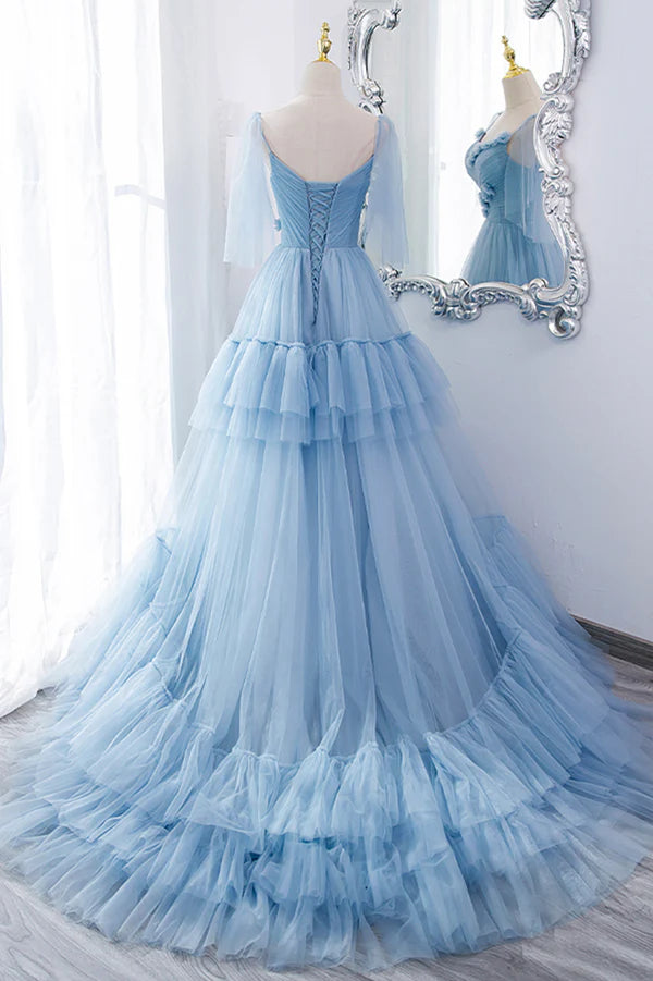 Wholesale Blue V-Neck Tulle Long Prom Dress A-Line Evening Party Dress