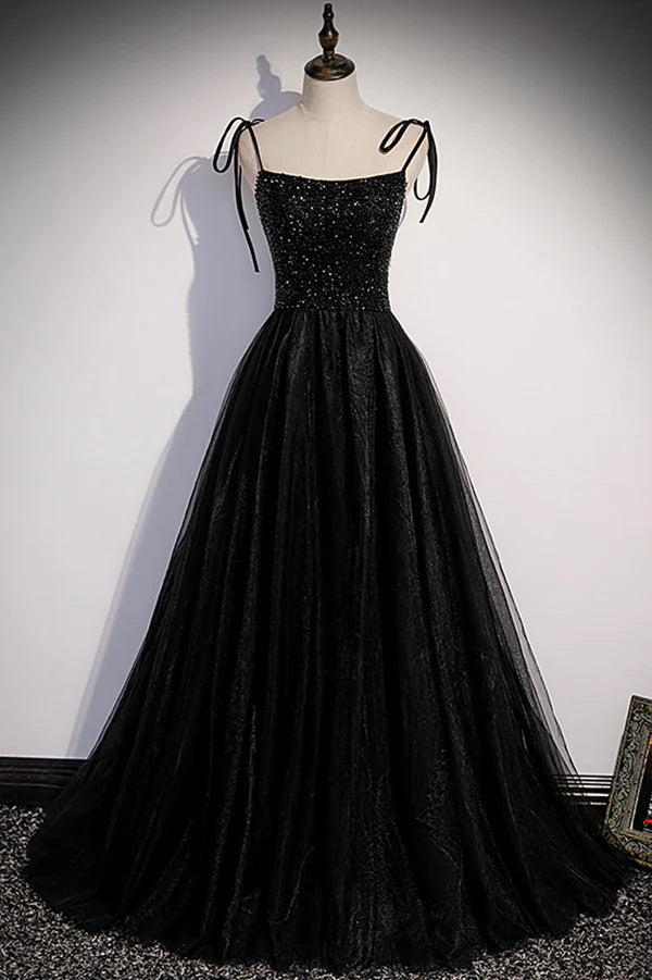 Wholesale Black Tulle Beaded Long Prom Dress A-Line Spaghetti Straps Evening Dress