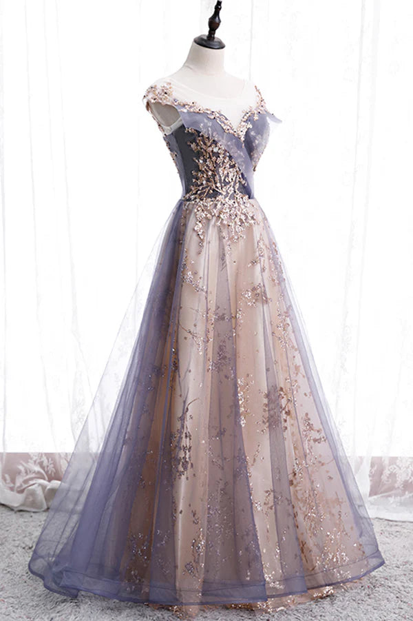 Wholesale A-Line Tulle Long Prom Dress with Sequins Cute Scoop Neckline Evening Dress