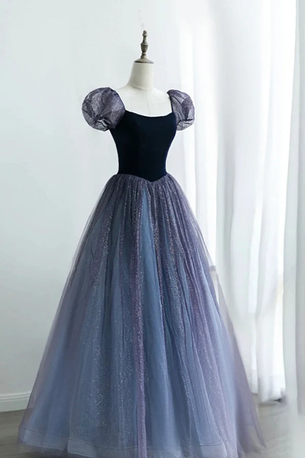 Wholesale A-Line Velvet Tulle Long Prom Dress Cute Short Sleeve Evening Party Dress