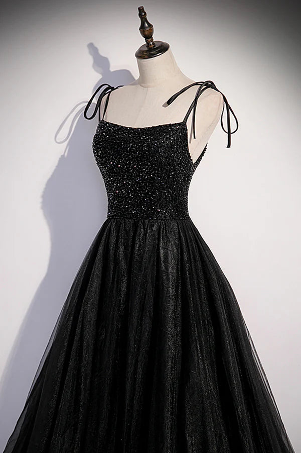 Wholesale Black Tulle Beaded Long Prom Dress A-Line Spaghetti Straps Evening Dress