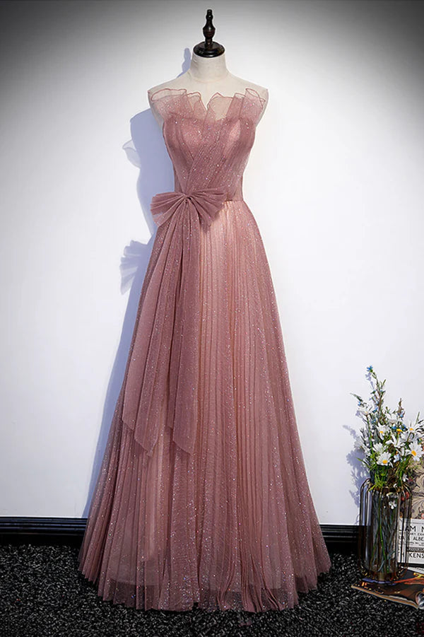 Wholesale Pink Shiny Tulle Long A-Line Prom Dress Lovely Strapless Evening Dress