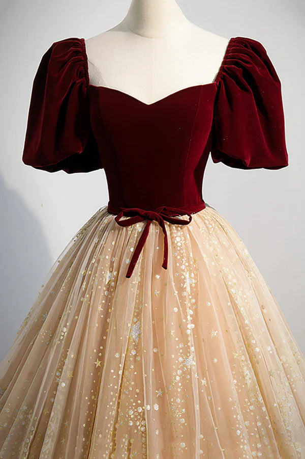 Wholesale A-Line Velvet Tulle Long Prom Dress Lovely Short Sleeve Graduation Dress