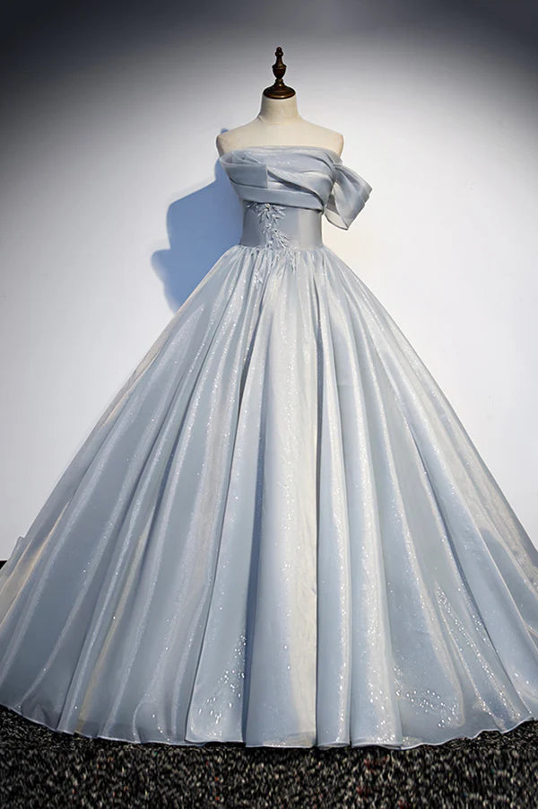 Wholesale Gray Tulle Long A-Line Prom Dress Gray Strapless Formal Evening Gown