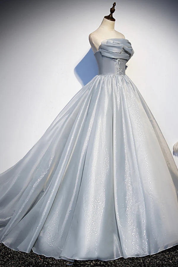 Wholesale Gray Tulle Long A-Line Prom Dress Gray Strapless Formal Evening Gown