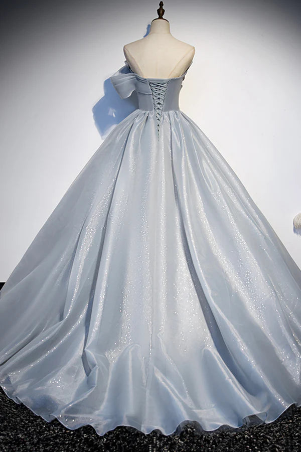 Wholesale Gray Tulle Long A-Line Prom Dress Gray Strapless Formal Evening Gown