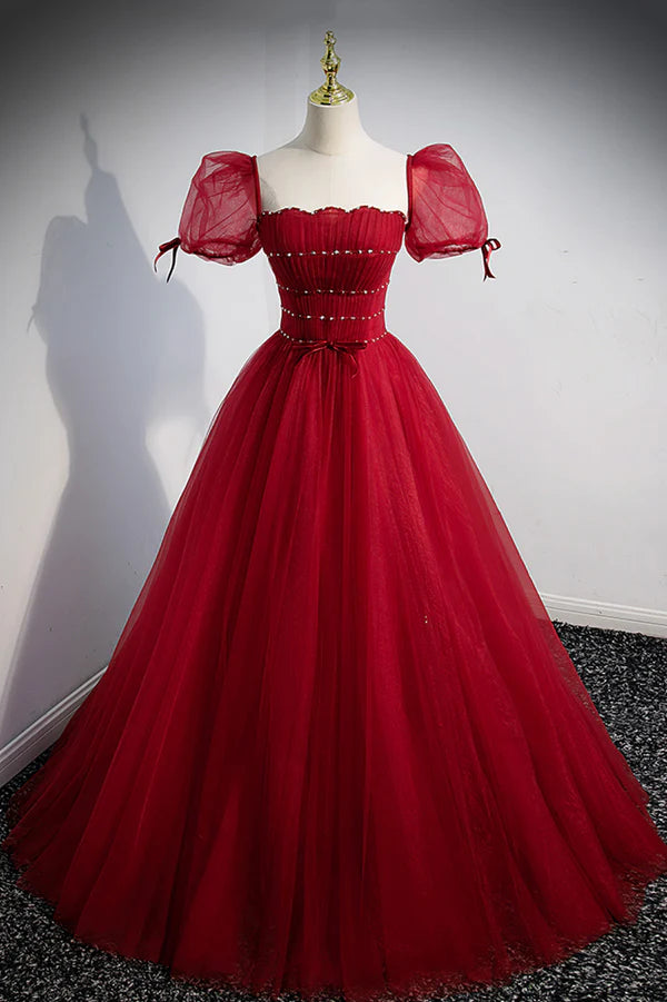 Wholesale Red Tulle Floor Length Evening Party Dress Red Short Sleeve Graduation Dress
