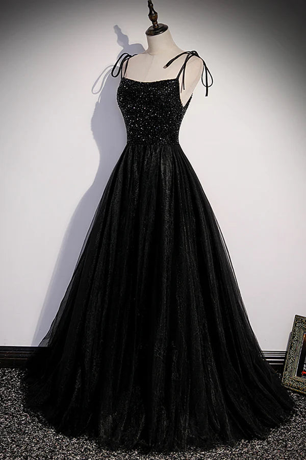 Wholesale Black Tulle Beaded Long Prom Dress A-Line Spaghetti Straps Evening Dress