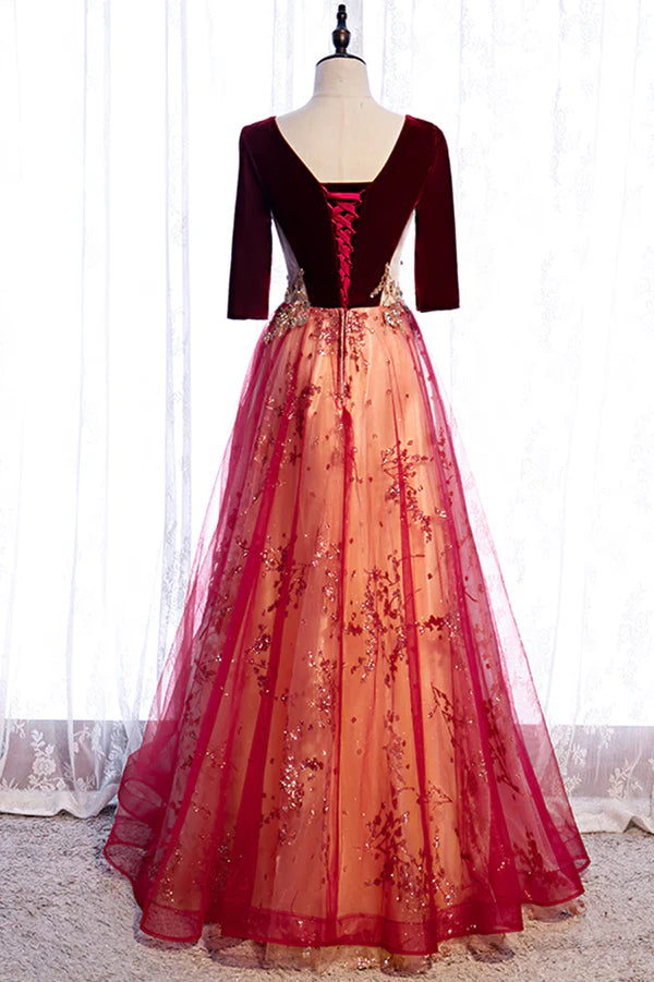 Wholesale Burgundy V-Neck Velvet Tulle Long Prom Dress A-Line 1/2 Sleeve Evening Dress