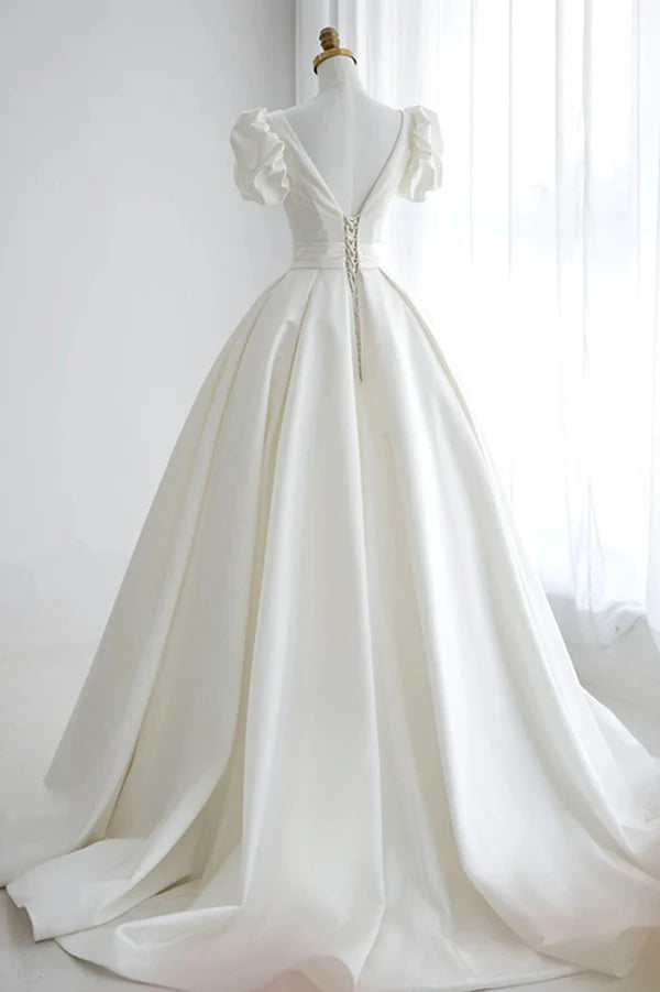 Wholesale White V-Neck Satin Long Prom Dress A-Line Short Sleeve Formal Dress