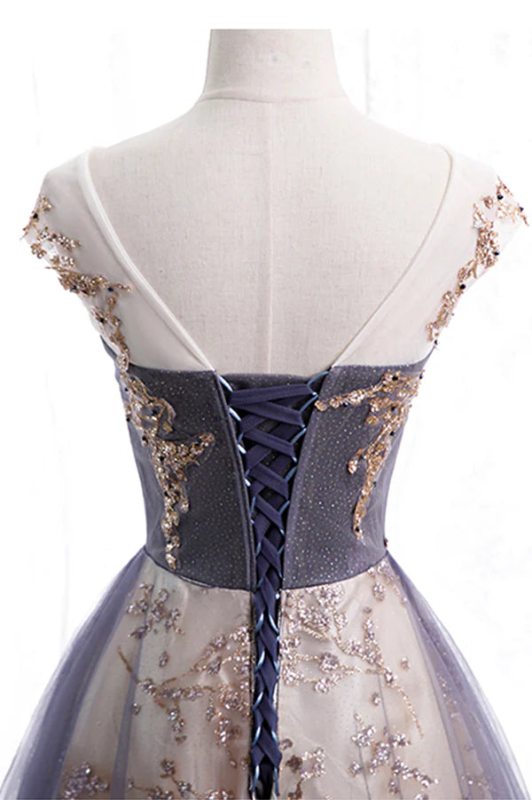 Wholesale A-Line Tulle Long Prom Dress with Sequins Cute Scoop Neckline Evening Dress