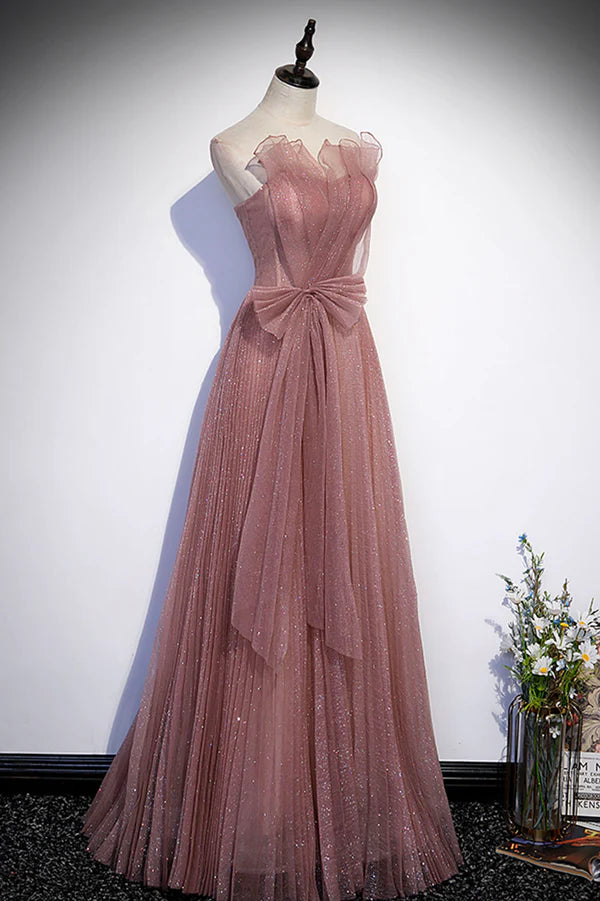 Wholesale Pink Shiny Tulle Long A-Line Prom Dress Lovely Strapless Evening Dress